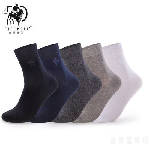 5 Pairs/Lot Pier Polo Business Casual Embroidery Men Cotton Socks Long Crew Black White Gray Gift Socks For Man Size 39-45