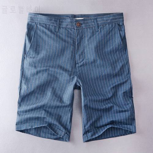 New men&39s linen striped shorts loose casual beach shorts men blue stripes fashion short men clothing bermuda masculina 38 size