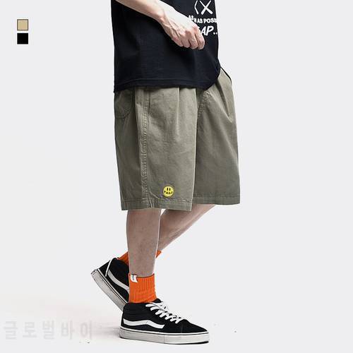 Smiley Cargo Shorts Men Summer Streetwear Casual Elasticated-waist Straight Canvas Short-pants