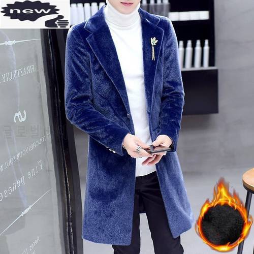 Korean Slim Fit Fleece Liner Warm Mens Trench Long Sleeve Single Breasted Fashion Faux Mink Fur Male Medium Length Coats