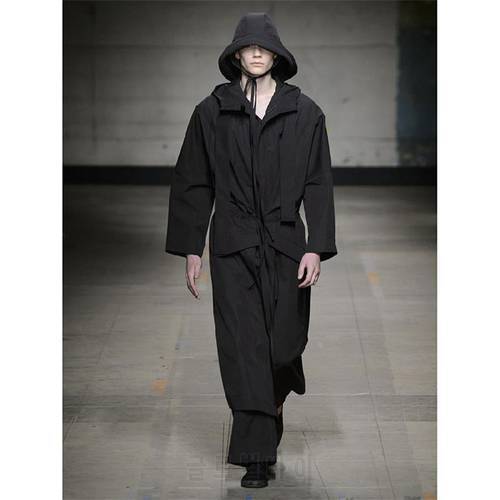 Men&39s trench coat dark black mid-length loose hooded customization