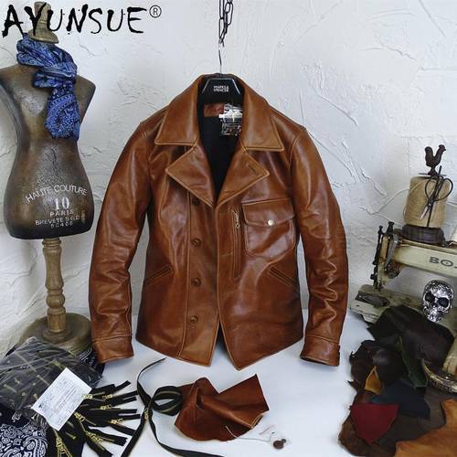 AYUNSUE High Quality Vintage Brown Real Leather Jacket Men Spring 100% Cowhide Coat Vintage Plus Size Chaqueta Cuero Hombre 2021
