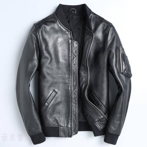 Free shipping.Classic bomber MA-1 leather jacket.men black slim air force cowhide coat.top gun genuine leather clothes.sales