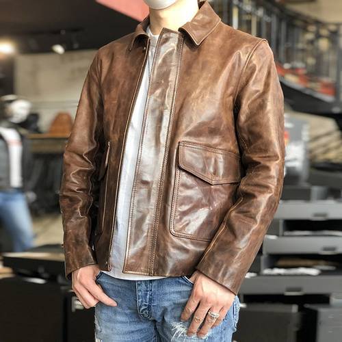 YRFree shipping.2020 Brown batik horsehide jacket,casual style leather clothes,Man Vintage genuine leather coat,High quality