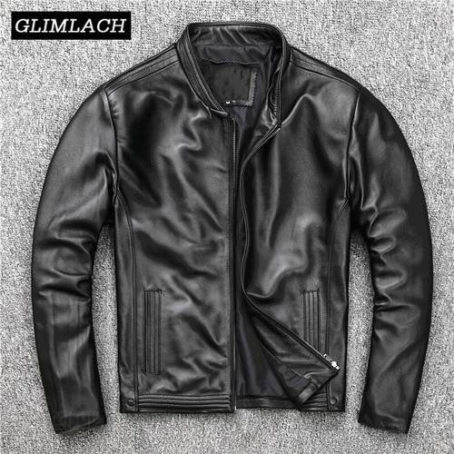 100% Lambskin Genuine Leather Motorcycle Jacket Men Slim Short Stand Collar Real Leather Large Size Coat High Quality Clothes