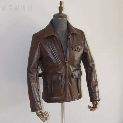 YRFree shipping.1920 style leather coat,classic vintage Batik cowhide jacket,1.7mm brown genuine leather outwear,slim