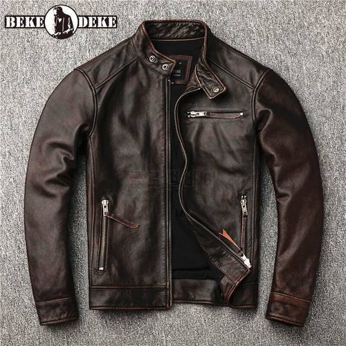 Free Shipping Classic Motor Style Vintage Genuine Leather Jacket Fashion Men Cowhide Leather Coat Street Biker Coat 5XL