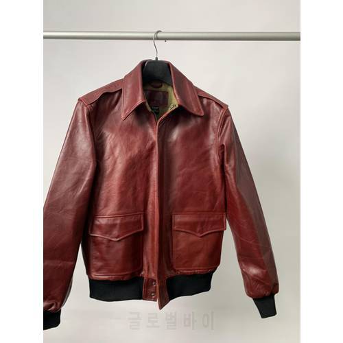 Genuine Leather Man Red Outerwear Jacket Cowhide A2 Air Force Flight Suit Retro Craft Suede 2 Pockets Wine Cow Leather Jacket