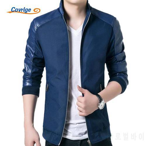 Covrlge Jacket Men Spring Jackets and Coats for Men 2017 Casual Stand Collar PU Leather Patchwork Coat Fashion Clothing MWJ034