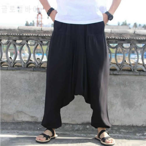 Plus Size Harem Pants Men Hiphop Loose Wide Pant Cotton Linen Big Crotch Baggy Joggers Dance Trousers Male Clothing