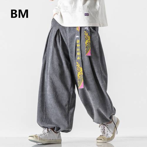 Chinese Style Belt Fashion Loose Baggy Casual Pants Men Clothing 2020 Harajuku Corduroy Bloomers 5XL Plus Size Harem Pants Male