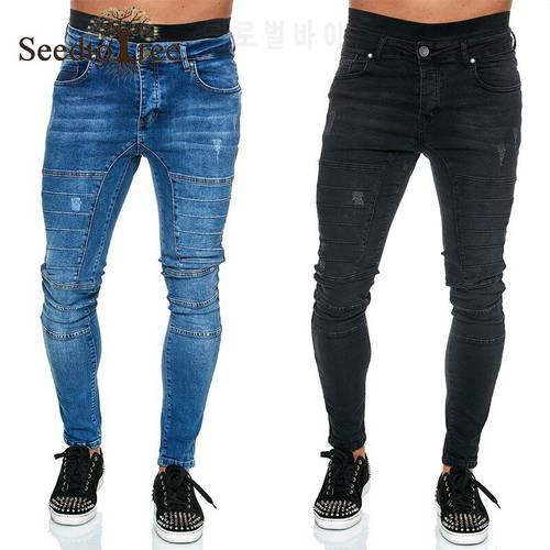 Pleated Solid Color Casual Men&39s Jeans Small Feet Slim Denim Trousers