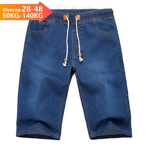 Large Size 40 42 44 46 48 Men&39s Loose Straight Jeans Shorts 2022 Summer New Stretch Blue Cotton Tie waist Denim Shorts Male