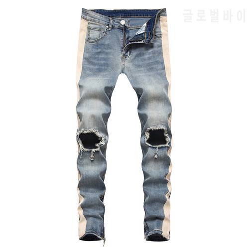 Men&39s Side Stripe Big Holes Ripped Jeans Streetwear Ankle Zipper Slim Skinny Stretch Denim Pencil Pants Trousers Blue Black
