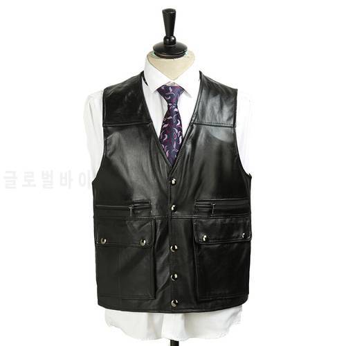 2023 Men&39s Sheepskin V-neck Vest Multi-Pockets Casual Leather Vest
