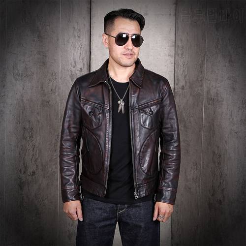 YRFree shipping.2021 new biker clothes.Classic vintage style genuine leather coat.men high quality tea core horsehide jacket.