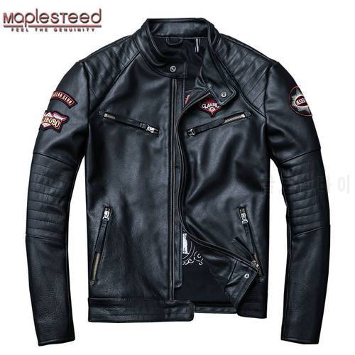 Embroidery Skull Leather Jacket Men Motorcycle Jackets 100% Natural Cowhide Skin Motor Coat Male Biker Clothing Asian Size M147