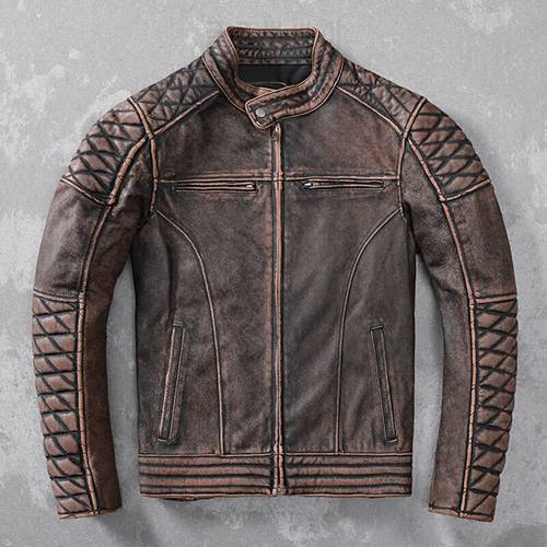 Free shipping.Heavy vintage brown genuine leather jacket.mens slim motor biker cowhide coat.quality plus size leather clothes.