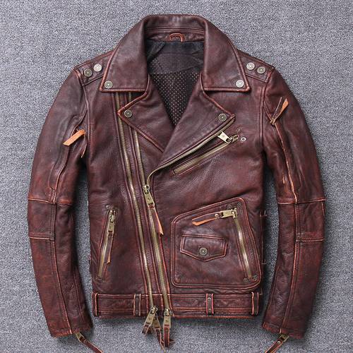 Genuine Leather Men&39s Motorcycle Leather Jackets Mens Oblique Zipper Moto Leather Jacket Cowhide Coat