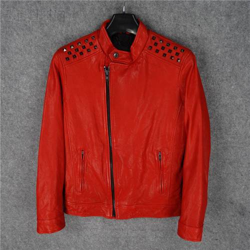 Free shipping.fashion quality tanned sheepskin jacket.punk rivet biker leather coat.Cool men red genuine leather clothes.