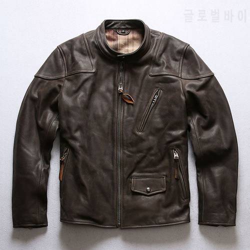 YRFree shipping.sales.classic brown biker genuine leather coat.thick quality cowhide coat.men vintage leather clothes.