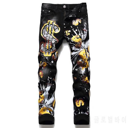 2022 Spring Men&39s Black Denim Pants $ Printed Streetwear Hip Hop Ripped Holes Jeans Fashion Harajuku Denim Trousers Jean Homme