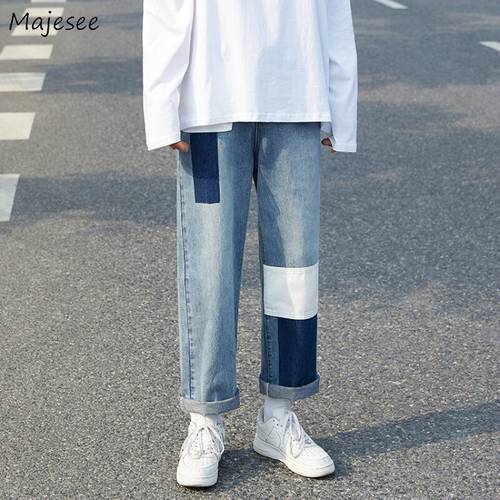 Men Jeans Patchwork Trendy Panelled Loose Leisure Chic Males Denim Straight Punk All-match Retro Trousers Baggy Cowboy Students