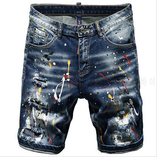 Men Summer Blue Shorts Jeans Holes Denim Shorts Paint Casual Streetwear Jeasn Shorts High Quality Men Slim Fit Stretch Jeans 38