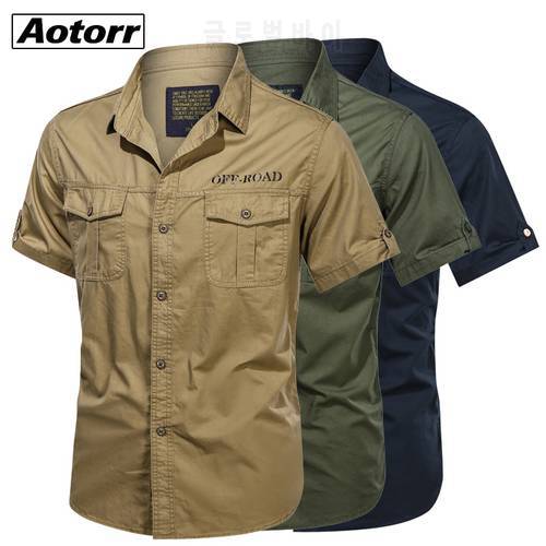 2022 Mens 100% Cotton Military Shirts Casual Dress Short Sleeve Slim Tops Work Shirt Male Solid Summer Trendy Chest Pocket 4XL