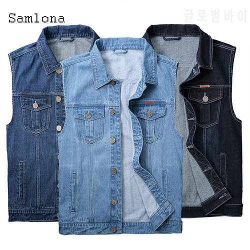 Samlona Plus Size Men Denim Jackets Sleeveless Jean Mens Fashion 2022 Single breasted Vest Coats Solid Blue Casual Jeans Jacket