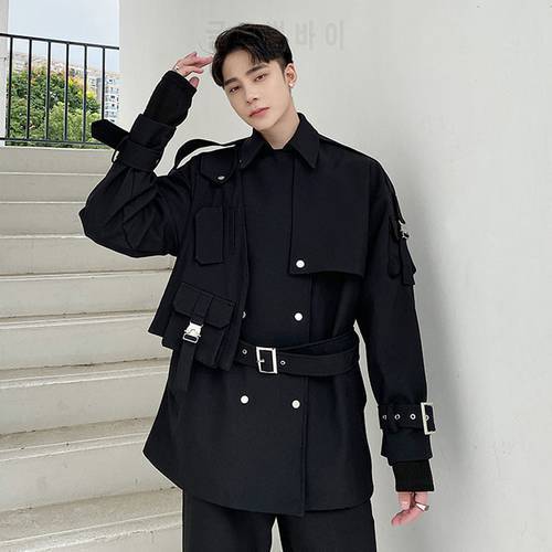 Men Double Breasted Belt Streetwear Cargo Trench Coat Outerwear Male Japan Korea Style Windbreaker Jacket Overcoat