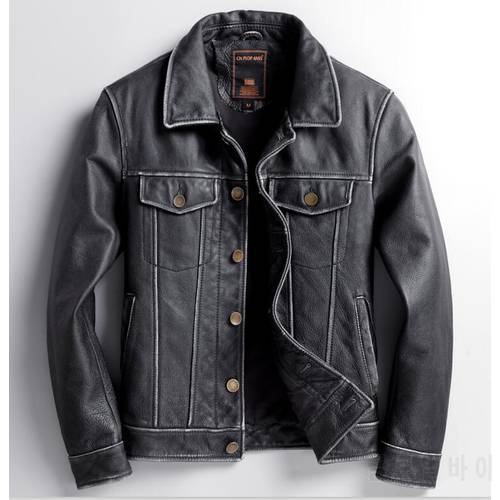 Free shipping.Brand new mens genuine leather jacket.classic vintage style cowhide coat.quality slim cowboy leather clothes