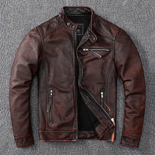 Factory Vintage Men Leather Jacket Thick 100% Genuine Cowhide Biker Jacket Slim Fit Men Motorcycle Coat Autumn ASIAN