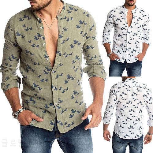 Spring Autumn Casual Men Pigeon Print Buttons Long Sleeve Fashion Pure Shirt Linen Slim Top Hot Sales Comfortable For Men Shirt
