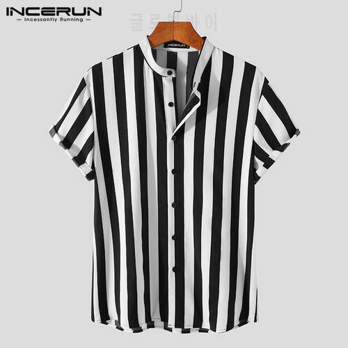2022 Men Striped Shirt Brand Stand Collar Streetwear Short Sleeve Button Casual Camisa Hombre Leisure Fashion Tops INCERUN S-5XL