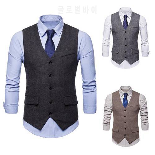 Men Sleeveless V Neck Single-breasted Herringbone Gilet Business Suit Waistcoat