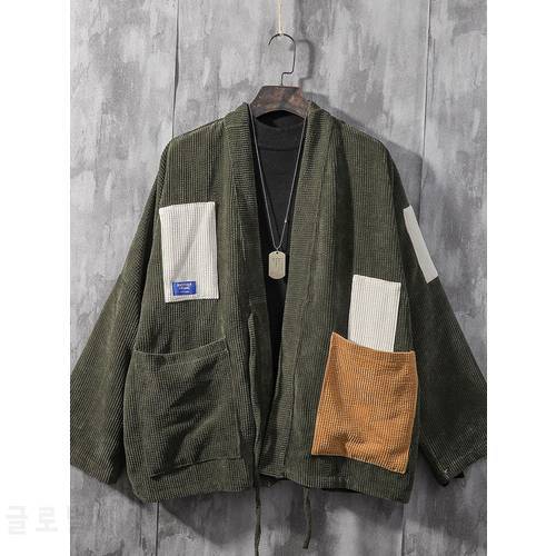 Corduroy Men Kimono Coat Patchwork Jacket Loose Pocket Cardigan Outwear Couple Men&39s Clothing Robe Japanese-Style Retro Coat