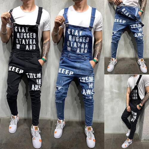 Hip hop Jeans Overalls Mens Hole Jumpsuit man fashion Work Pants Streetwear Slim Letter Printed Denim Overalls Trousers men