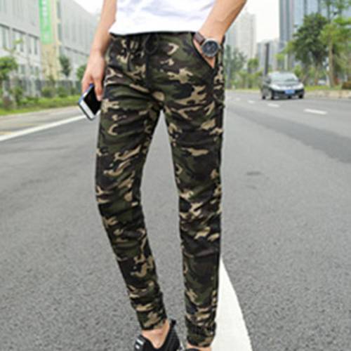 Casual Thin Breathable Tie Drawstring Long Pants Men Sporty Camouflage Color Pockets Waist Drawstring Long Skinny Cargo Pants