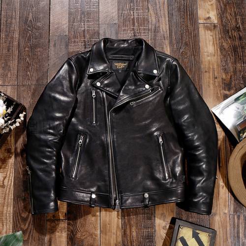 YRFree shipping.Double rider leather jacket.classic biker tanned 1.0 thick sheepskin coat.men fashion black leather шевро