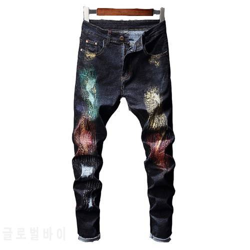 New Design Streetwear Printed Jeans Men Punk Pants Skinny Jeans Men