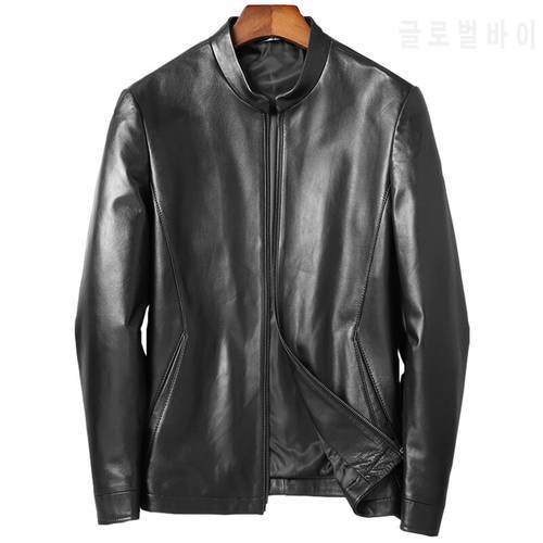 Top Quality Sheepskin Coat Men Casual Genuine Leather Clothing Black Mandarin Collar Natural Leather Sheepskin Outwear