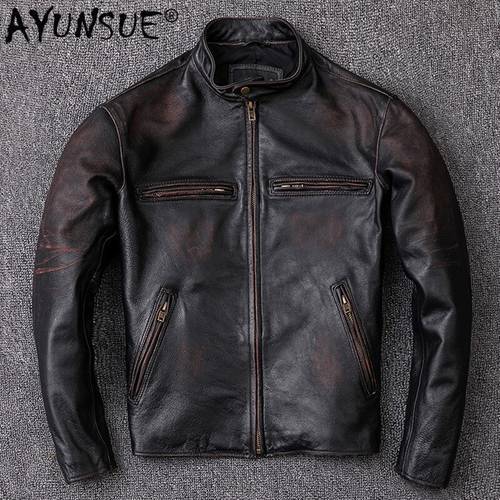 AYUNSUE Vintage Genuine Leather Jacket Men 100% Real Cow Leather Coat Short Biker Motorcycle Leather Jackets 2020 KJ2539