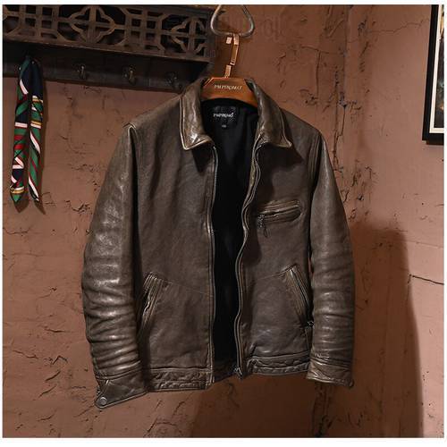 YRFree shipping.Luxury men biker tanned sheepskin jacket.quality slim vintage genuine leather coat.fashion leather clothes.