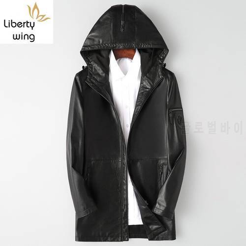 Top Quality Men 100% Natural Cowhide Long Coat Hoody Windbreaker Trench Slim Fit Motorcycle Genuine Leather Jacket Plus Size 5XL