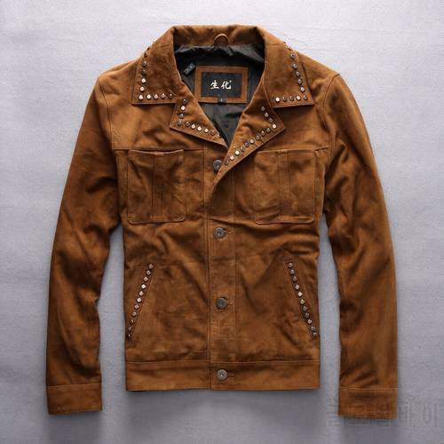 2020 New Men&39s Brown Nubuck Leather Jacket Rivet Turn-down Collar Genuine Thin Sheepskin Men Winter Casual Coats M-XXXL