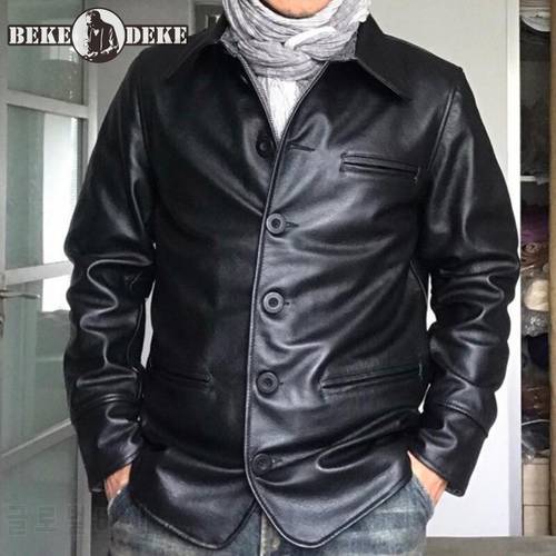 Men Real Cowhide Leather Jacket Business Man Casual Single Breasted Slim Fit Genuine Leather Jacket Windproof Coat 4XL