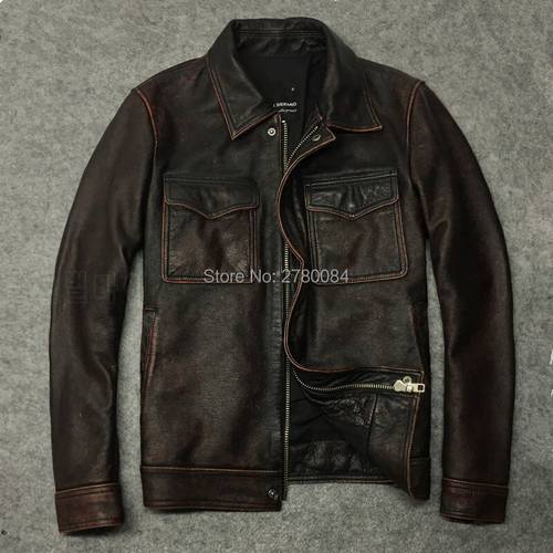 Gu.seemio Genuine Leather Jackets Men Vintage Cowhide Cowskin Real Leather Over Coat Natural Animal Outer Wear