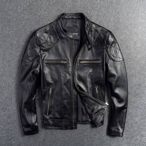 GU.SEEMIO Genuine Leather Male Clothing Motorcycle Cowhide Jacket Slim Stand Collar Short Design Fashion Factory Price