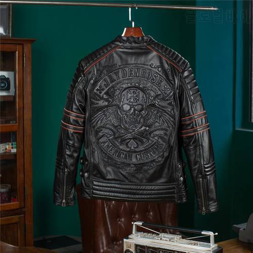 YRFree shipping.Wholesales.black short rider genuine leather jacket.Cool motor biker skulls cow leather coat.quality clothes